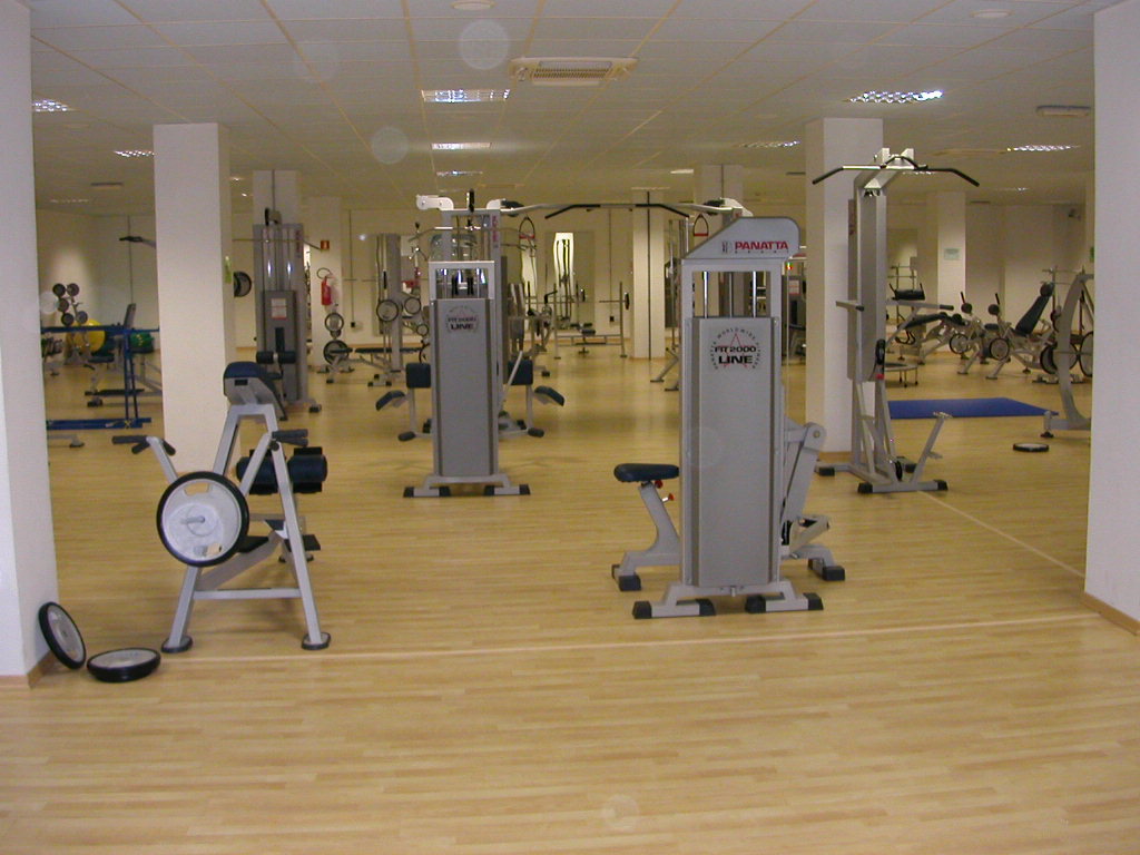Der Fitnessraum mit Kraftgeräten in mehreren Reihen und Holzboden