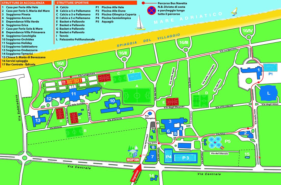 Lageplan des Geländes: Unterkünfte, Sportplätze, Sporthalle, Hallenbad und Wasserpark zwischen Via Centrale und Strand