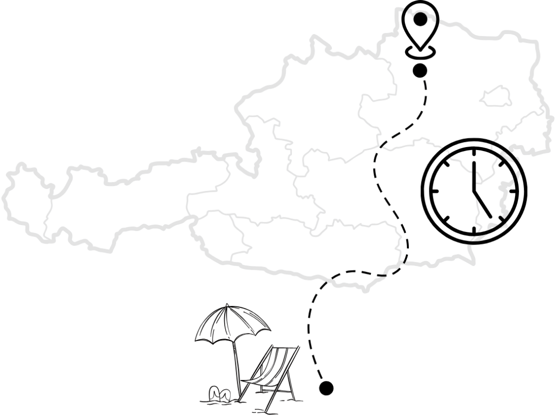 Gezeichnete Österreichkarte mit gestrichelter Busroute von Osten an den Strand von Lignano