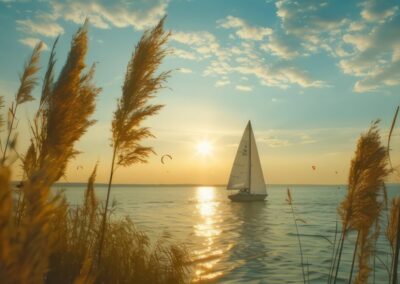 Schulreisen-Burgenland | Breathtaking sundown at lake neusiedl, Neusiedlersee, reed in the foreground, a small sailboat on the sea, white sails, white, boat, some surfers and kite-surfer und the background, ultra realistic, n Burgenland